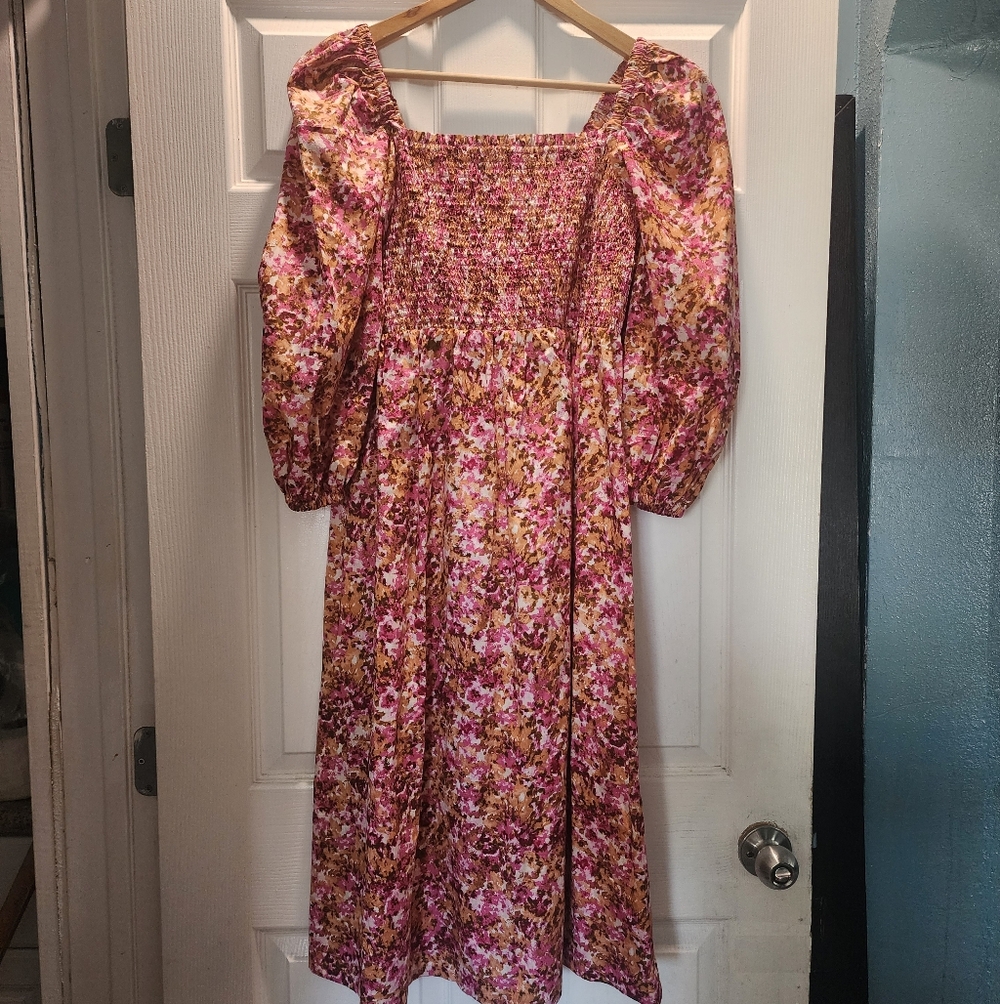 J.Crew Smocked Puffed-sleeve Dress In Faded Floral Square-Neck Midi Dress Size M